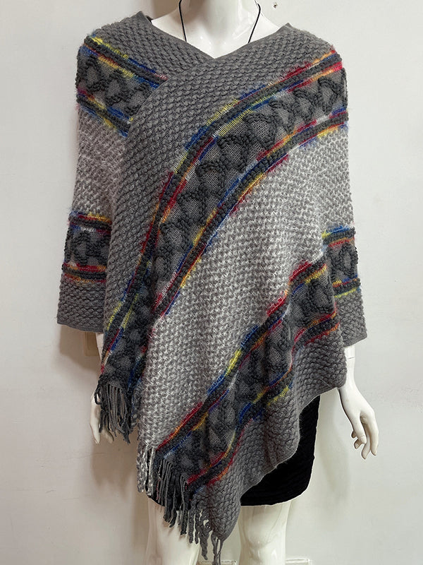 Asymmetric Tasseled Loose V-Neck Shawl&Cloak Cape