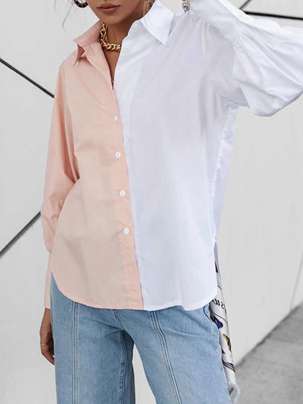 Buttoned Contrast Color Long Sleeves Loose Lapel Blouses&Shirts Tops