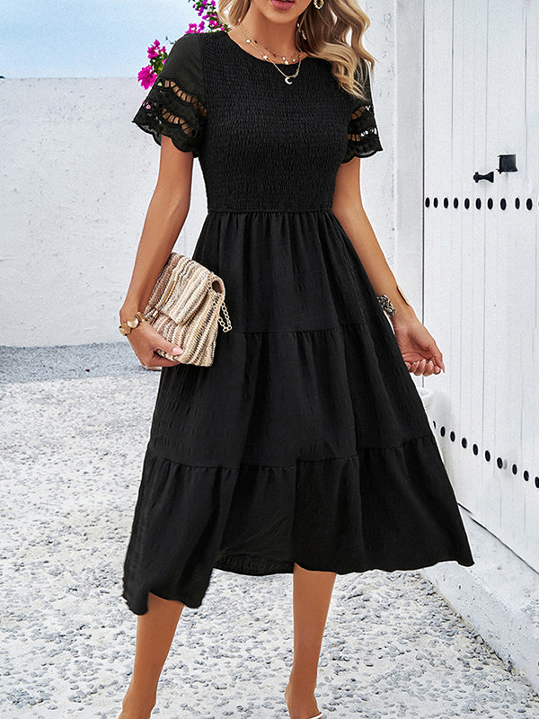 Elasticity Hollow Solid Color Split-Joint A-Line Loose Round-Neck Midi Dresses