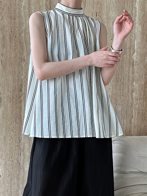 Lace-Up Pleated Split-Joint Streamer Striped Loose Sleeveless Stand Collar Vest Top