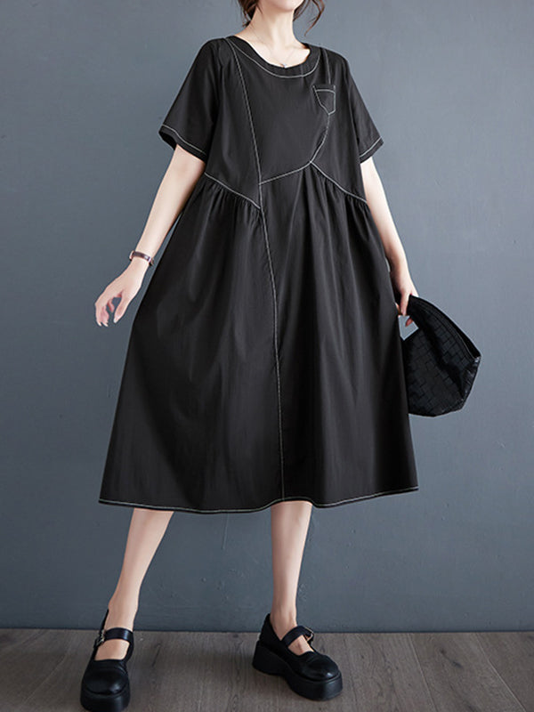 Asymmetric Pleated Pockets Solid Color Split-Joint A-line Loose Round-neck Midi Dresses