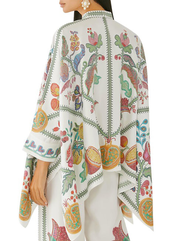 Buttoned Flower Print Batwing Sleeves High-Low Mock Neck Blouses&Shirts Tops