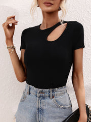 Asymmetric Hollow Solid Color Loose Short Sleeves Round-Neck T-Shirts Tops