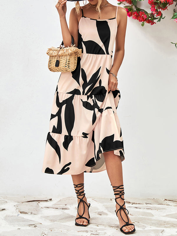 Contrast Color Floral Printed Loose Sleeveless Spaghetti-Neck Midi Dresses