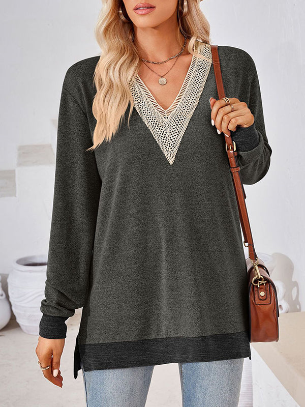 Hollow Split-Joint Split-Side Long Sleeves Loose V-Neck T-Shirts Tops