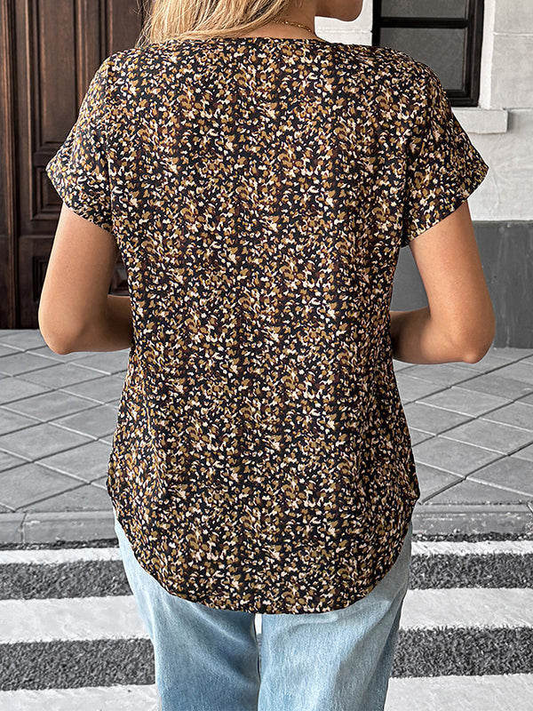 Contrast Color Loose Short Sleeves V-Neck Blouses&Shirts Tops