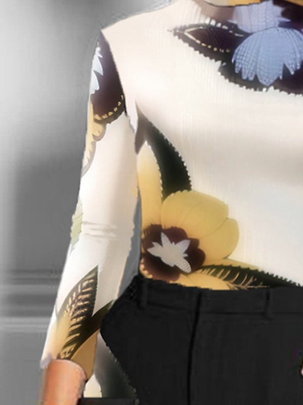 Flower Print Long Sleeves Skinny High Neck T-Shirts Tops
