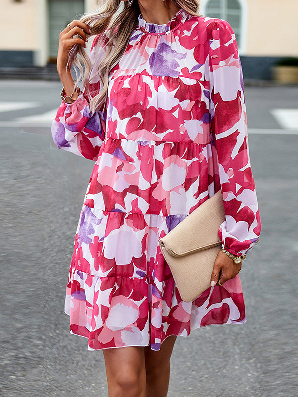 Printed Split-Joint Tied A-Line High Waisted Mock Neck Mini Dresses