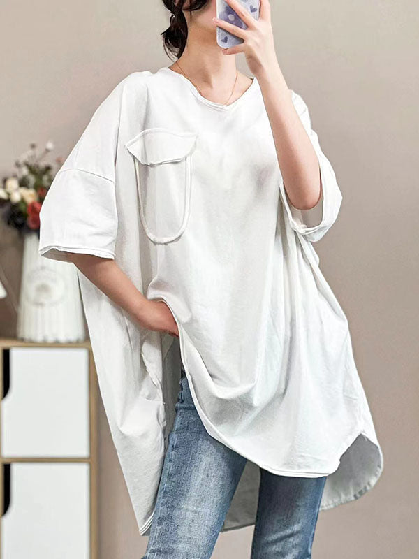 Pockets Solid Color Half Sleeves Irregular Clipping V-Neck T-Shirts Tops