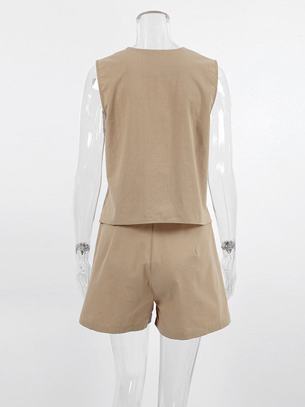 Sleeveless Buttoned Loose Pockets V-Neck Vest Top + Shorts Bottom Two Pieces Set