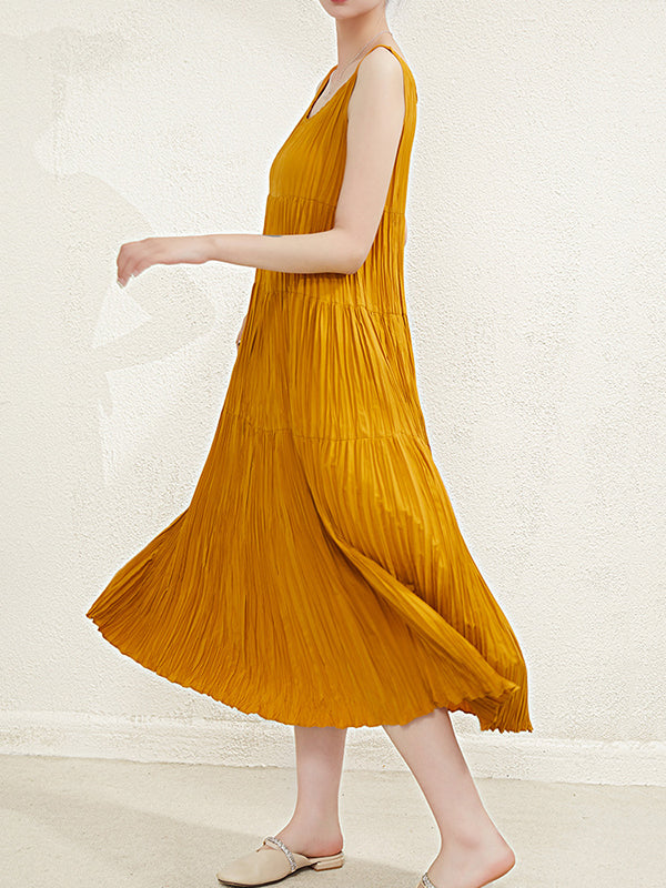 Pleated Solid Color Split-Joint Loose Sleeveless Round-Neck Midi Dresses