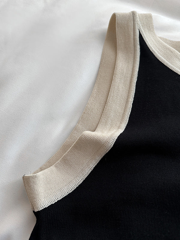 Contrast Color Loose Sleeveless Round-Neck Midi Dresses