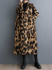 Buttoned Leopard Pockets Split-Joint Long Sleeves Loose V-Neck Trench Coats Outerwear