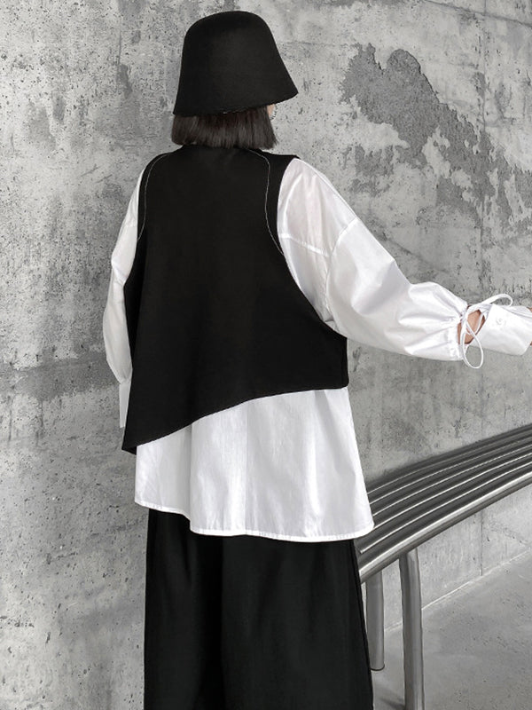 Original Loose Lace-Up Hollow Sleeve Blouse+Black Vest+Wide Leg Pants Culotte Three Pieces Set