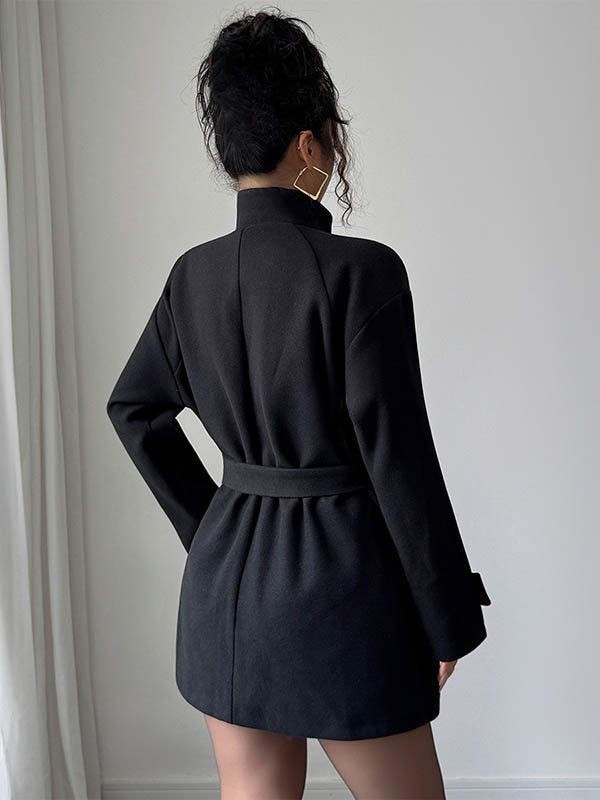 Elasticated Waist High Waisted Asymmetric Buttoned Solid Color Tied Waist Stand Collar Outerwear