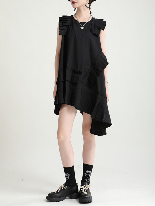 Asymmetric Pleated Solid Color Split-Joint Flying Sleeves Loose Round-Neck Midi Dresses