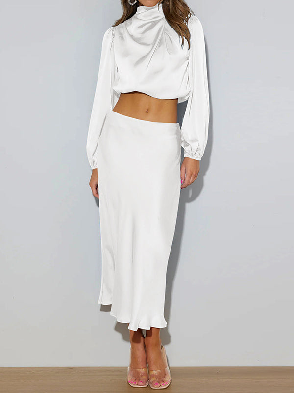 Elasticity Pleated Solid Color Long Sleeves Loose Mock Neck T-Shirts Tops