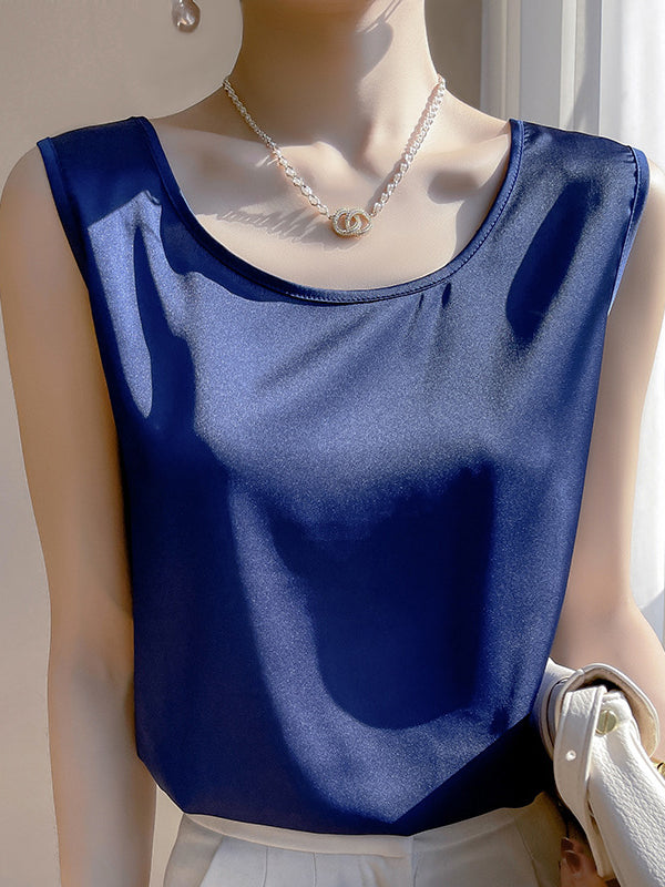 Solid Color Loose Sleeveless Round-Neck Vest Top