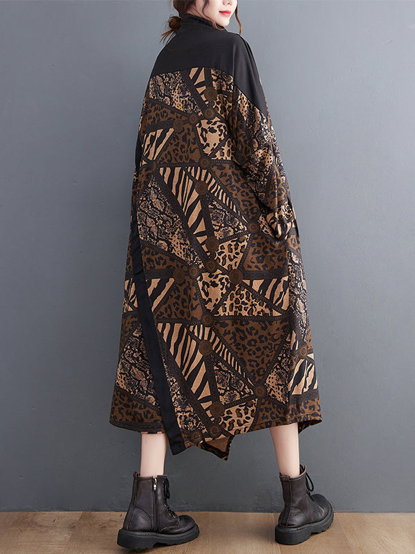 Asymmetric Printed Split-Front Split-Joint Long Sleeves Loose Mock Neck Midi Dresses