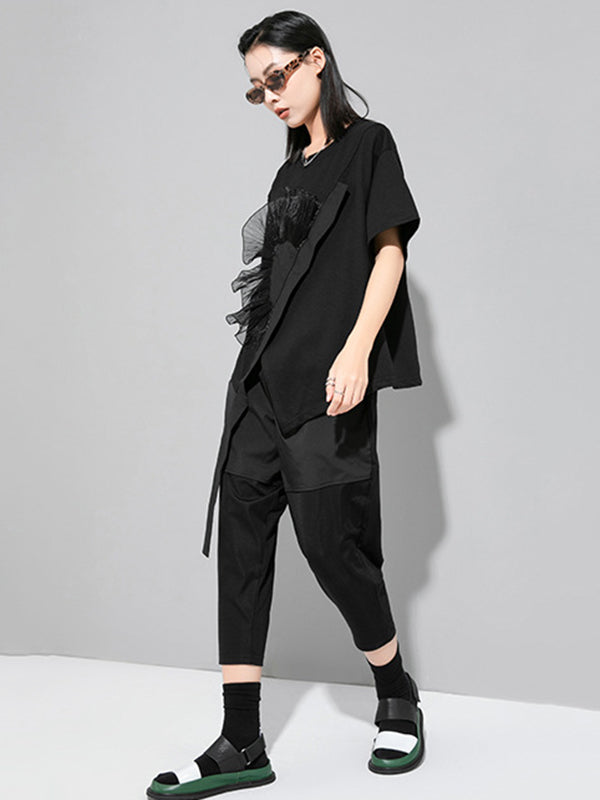 Stylish Black White Irregular Applique T-Shirt