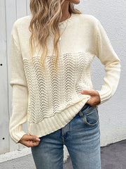 Hollow Solid Color Long Sleeves Loose Round-Neck Sweater Tops Pullovers