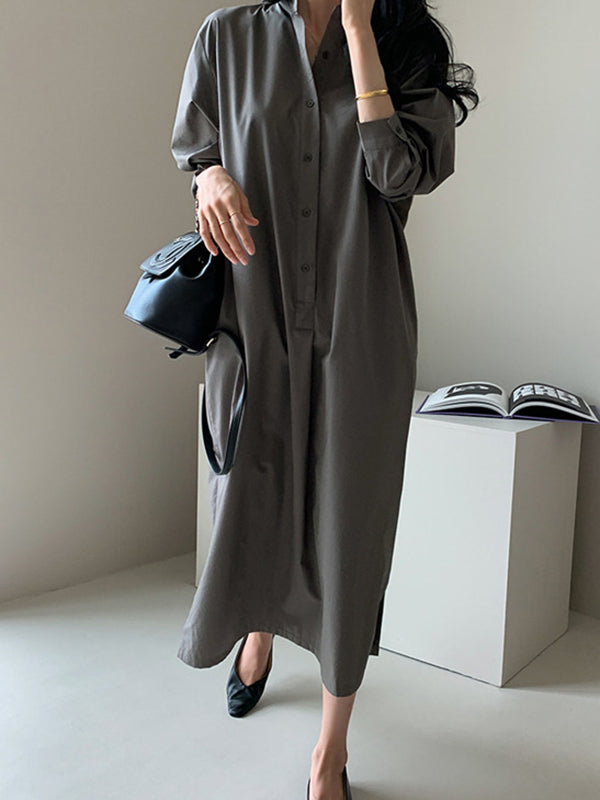 Casual 3 Colors Loose Split-Side Solid Color Midi Dress Shirt Dress