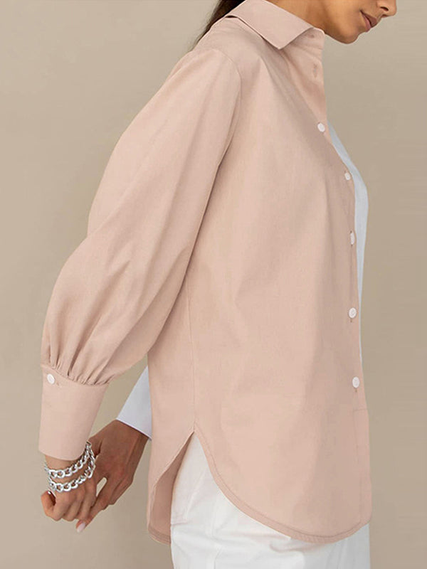 Buttoned Contrast Color Long Sleeves Loose Lapel Blouses&Shirts Tops