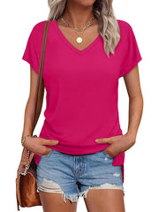 Solid Color Split-Joint Split-Side High-Low Raglan Sleeve V-Neck T-Shirts
