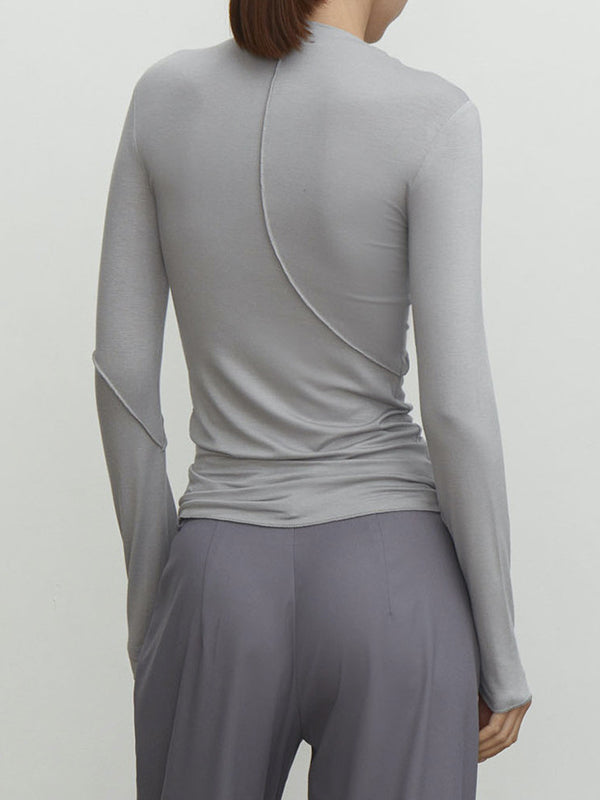 Asymmetric Solid Color Long Sleeves Skinny Mock Neck T-Shirts Tops