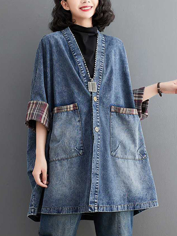 Buttoned Plaid Pockets Split-Joint Long Sleeves Loose V-Neck Denim Outerwear