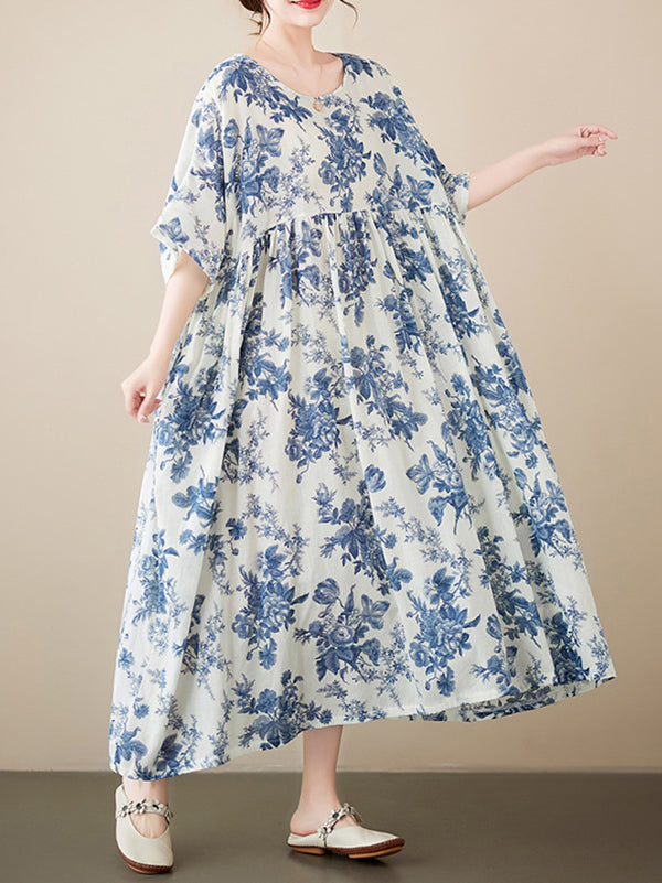 Floral Printed Pleated Split-Joint Loose Short Sleeves Round-Neck Midi Dresses