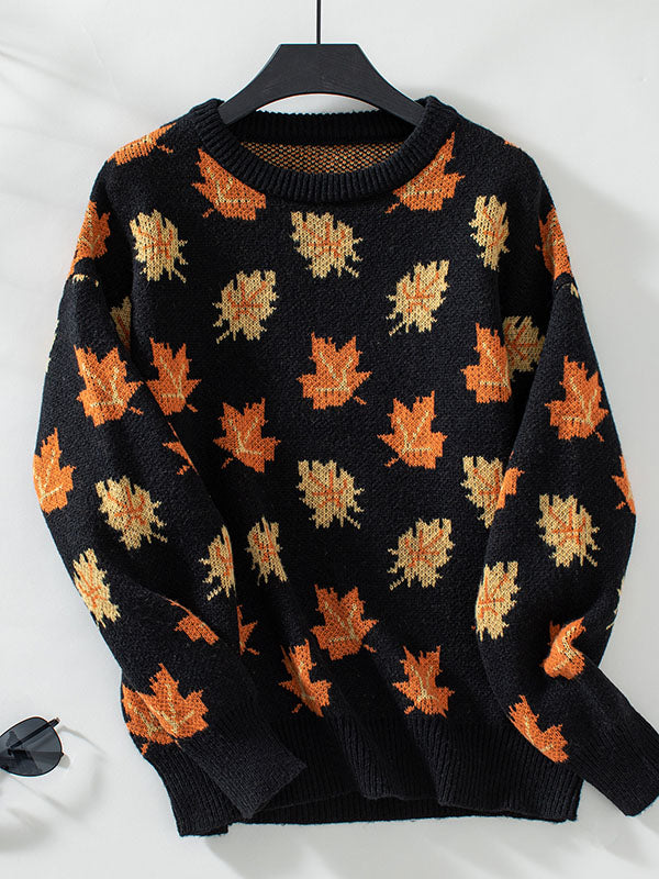 Contrast Color Jacquard Knitted Leaves Split-Joint Long Sleeves Loose Round-Neck Sweater Tops Pullovers