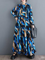 Buttoned Printed Split-Joint A-Line Long Sleeves Stand Collar Shirt Dress Maxi Dresses