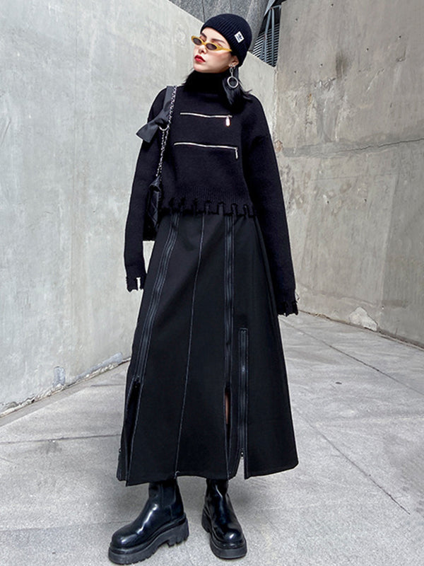 Solid Color Split-Joint Split-Side Zipper A-Line Irregularity Skirts Bottoms