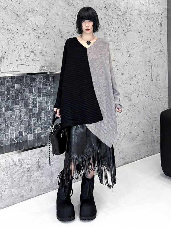 Asymmetric Contrast Color Split-Joint Textured Batwing Sleeves Irregularity V-Neck Sweater Tops