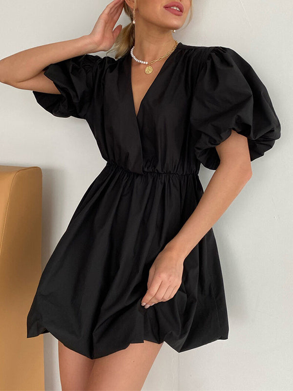 Pleated Solid Color Split-Joint Loose Puff Sleeves V-Neck Mini Dresses