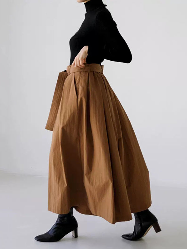 Pleated Solid Color Tied Waist High Waisted Loose Trousers Wide Leg Pants