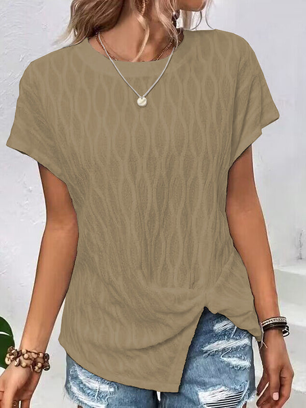 Jacquard Solid Color Split-Front Batwing Sleeves Loose Round-Neck T-Shirts Tops