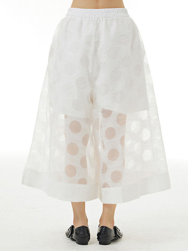 Gauze Polka-Dot See-Through Cropped False Two Casual Pants Bottoms