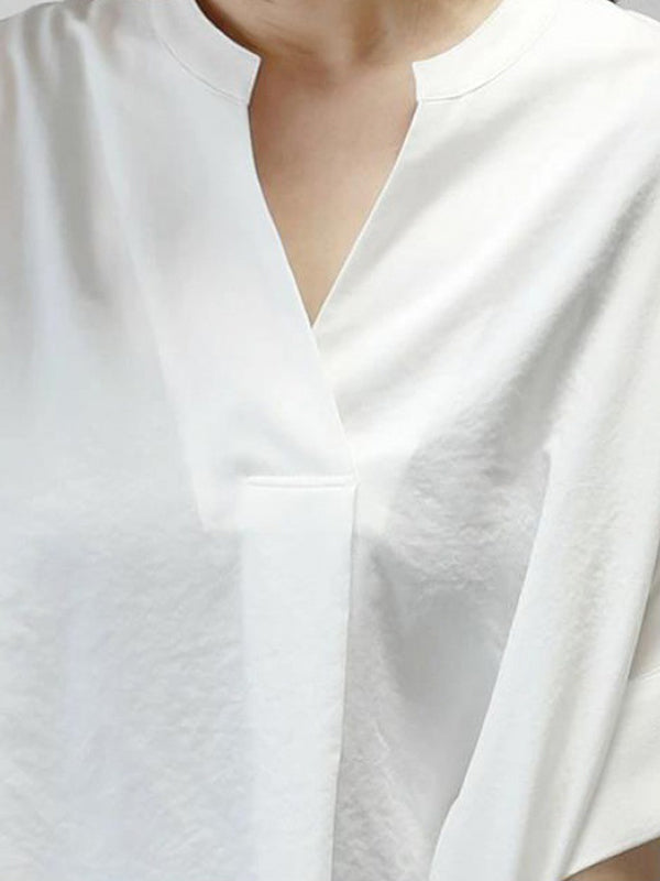 Pleated Solid Color Split-Joint Half Sleeves High-low V-neck Blouses&shirts Tops