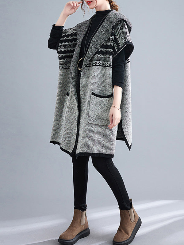 Artistic Retro Loose Casual With Pocket Hooded Short Sleeves Cardigan Outwear