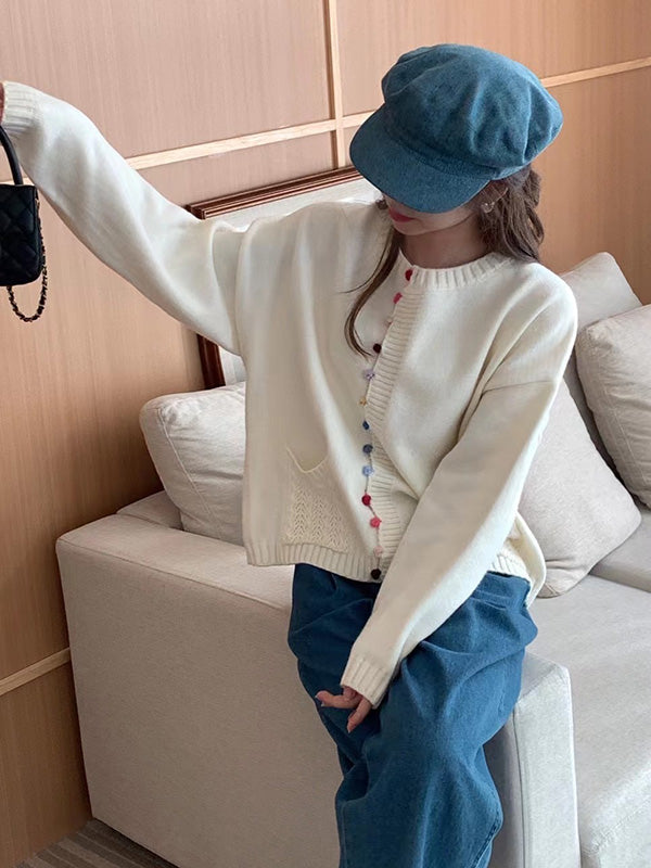Buttoned Contrast Color Pockets Long Sleeves Loose Round-Neck Cardigan Tops
