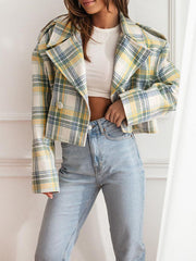 Plaid Split-Joint Long Sleeves Loose Peter Pan Collar Jackets&Coats