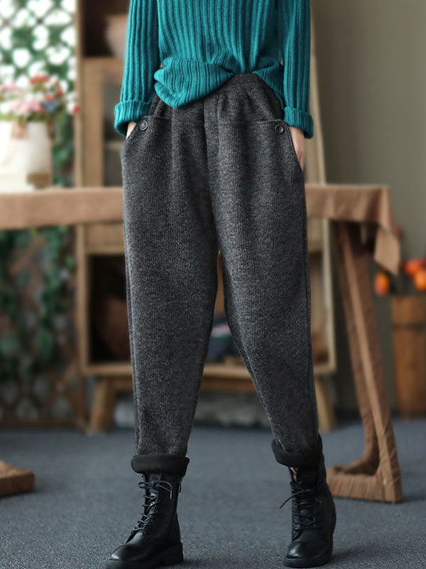 Vintage Black&Gray Thicken Velvet Elasticity Casual Pants