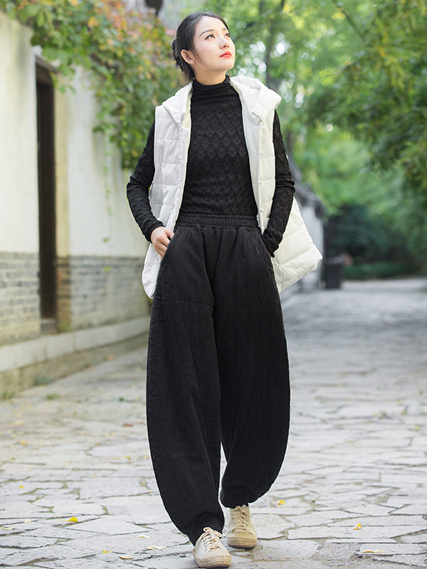Casual Loose Keep Warm Quilted Solid Color Padded Bloomers Pants