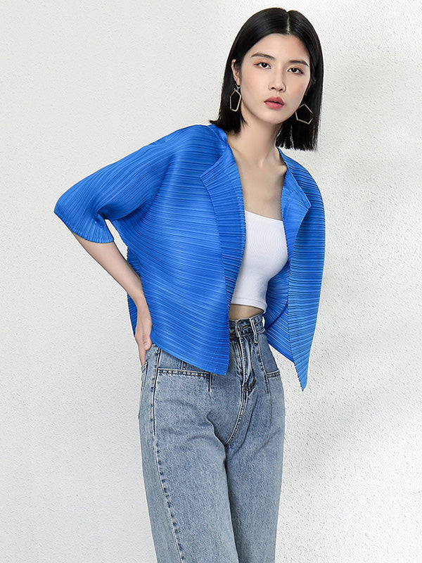 Casual Loose Half Sleeves Pleated Solid Color Outerwear