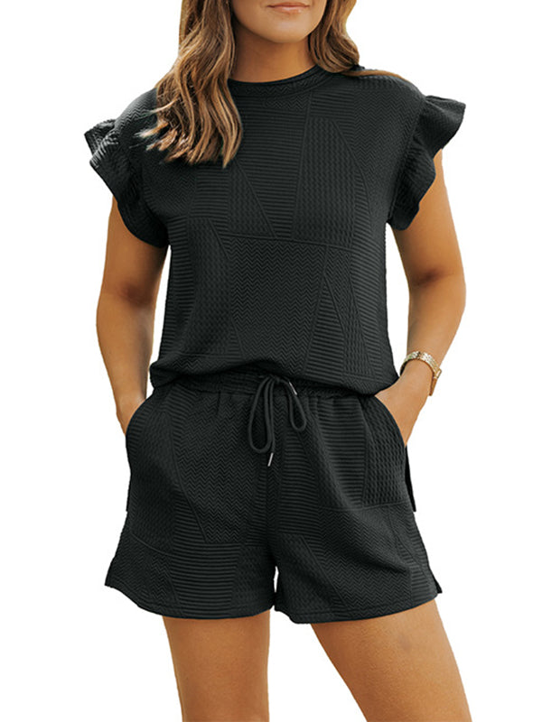 Round-neck Drawstring Pockets Solid Color Split-Joint Split-Side Loose Ruffle Sleeves Two Pieces Set