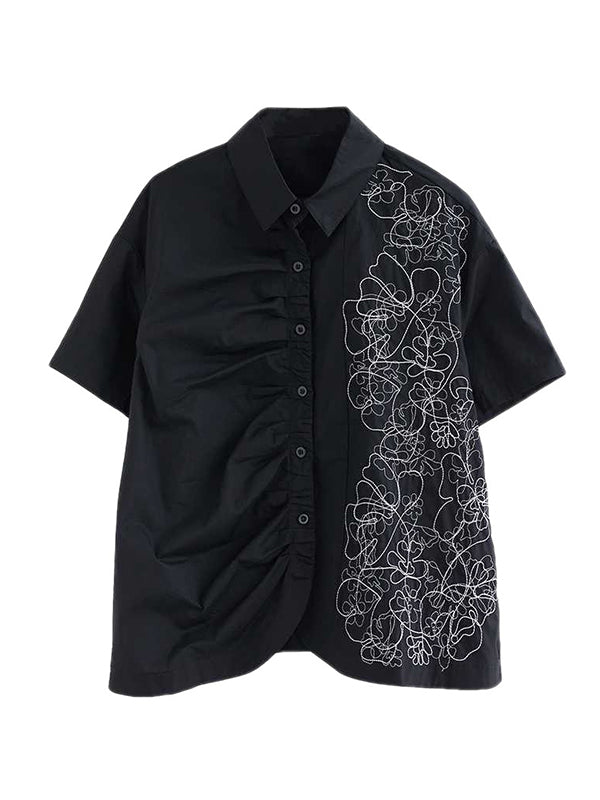 Buttoned Embroidered Pleated Irregularity Loose Lapel Collar Blouses&Shirts Tops