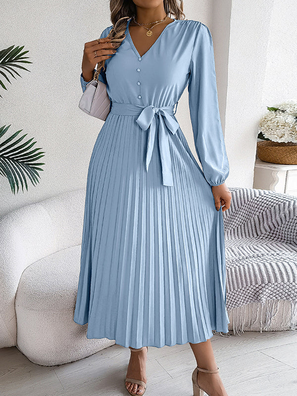 Belted Buttoned Pleated Solid Color High Waisted Long Sleeves V-Neck Maxi Dresses