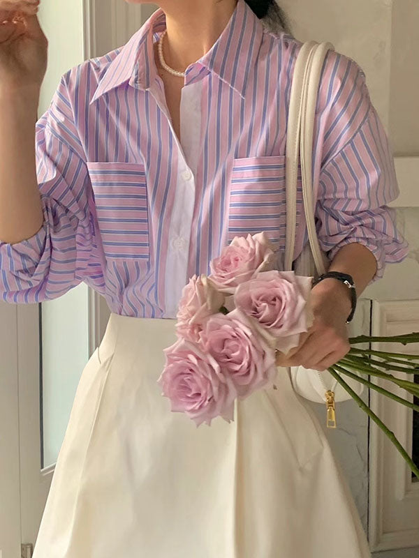 Buttoned Contrast Color Pockets Striped Long Sleeves Loose Lapel Blouses&Shirts Tops